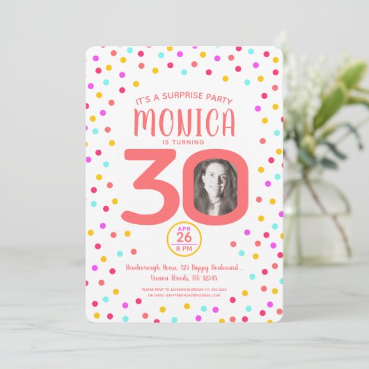 30e aangepaste foto levende koraal confetti verjaa kaart (Staand voorkant)