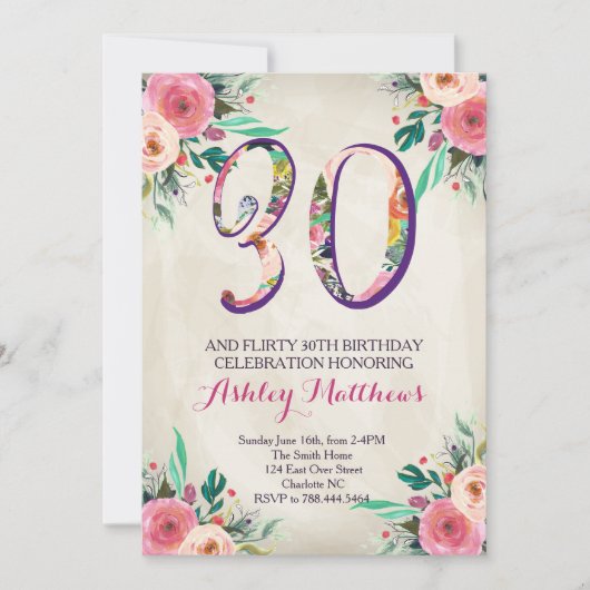 30e anniversaire Belle Invitation Florale, (Devant)