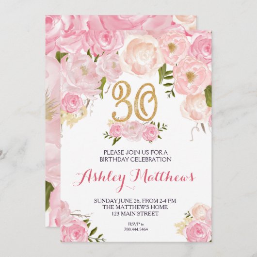 30e anniversaire Belle Invitation Florale, (Devant / Derrière)