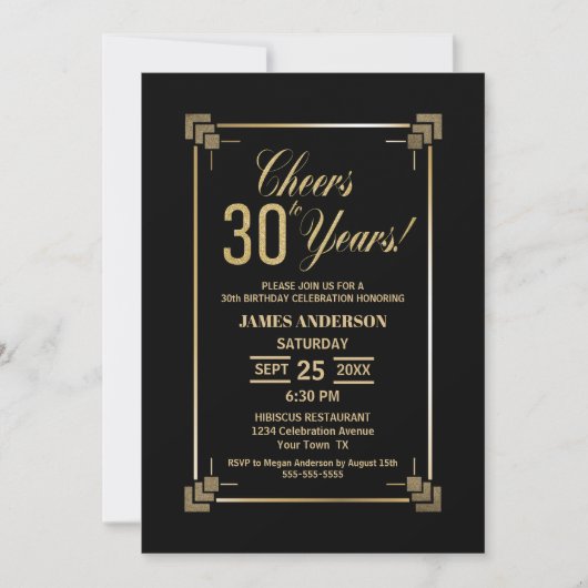 30e anniversaire Black and Gold Party Invitation (Devant)