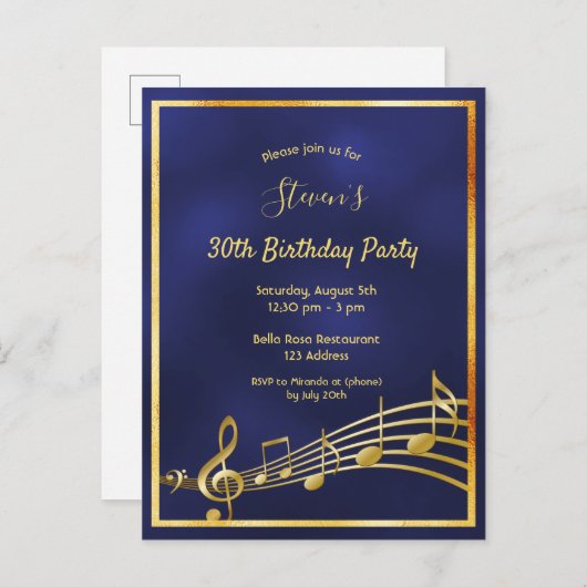 30e anniversaire bleu or musique notes invitation (Devant / Derrière)