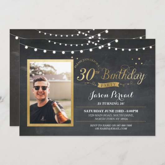30e anniversaire Chalk Rustic Gold Invitation (Devant / Derrière)