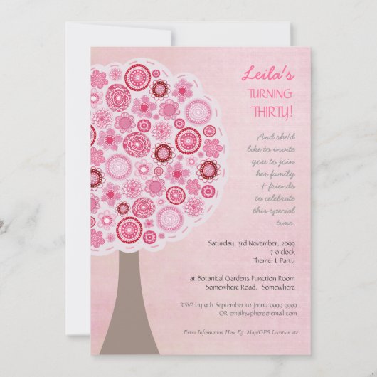 30e anniversaire Designer Pink Tree Invitation (Dos)