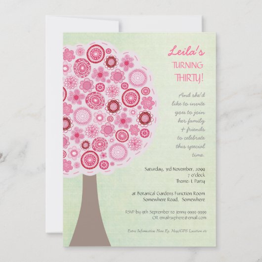 30e anniversaire Designer Pink Tree Invitation (Dos)