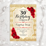 30e anniversaire - Gold Stripes Invitation Rose<br><div class="desc">Invitation du 30e anniversaire. Design élégant en or et rouge. Comprend des bandes d'or de parties scintillant fausse,  des roses rouges police de caractères stylisés et des confettis. Parfait pour une fête d'anniversaire glam.</div>