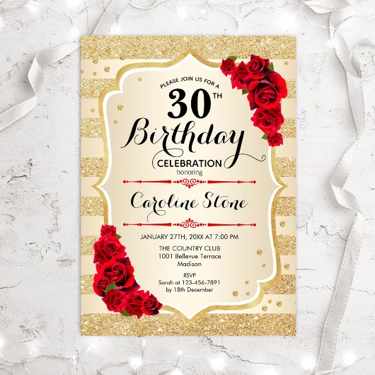 30e anniversaire - Gold Stripes Invitation Rose