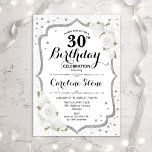 30e anniversaire - Invitation aux Roses Blanches A<br><div class="desc">Elégante 30e Invitation anniversaire. Design élégant,  blanc et argent. Il présente des roses blanches,  des motifs damassés et des confettis de parties scintillant faux. Parfait pour un glam toute fête d'anniversaire blanche. Peut être customisé pour montrer n'importe quel âge. Message-moi si vous avez besoin d'une personnalisation plus poussée.</div>