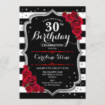 30e anniversaire Invitation Black White Stripes Ro<br><div class="desc">30th Birthday Invitation Elégant design noir blanc rouge avec fausse parties scintillant. Bandes noires et blanches avec roses rouges. Parfait pour une soirée d'anniversaire élégante.</div>