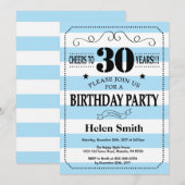 30e anniversaire Invitation Bleu et Blanc rayures (Devant / Derrière)