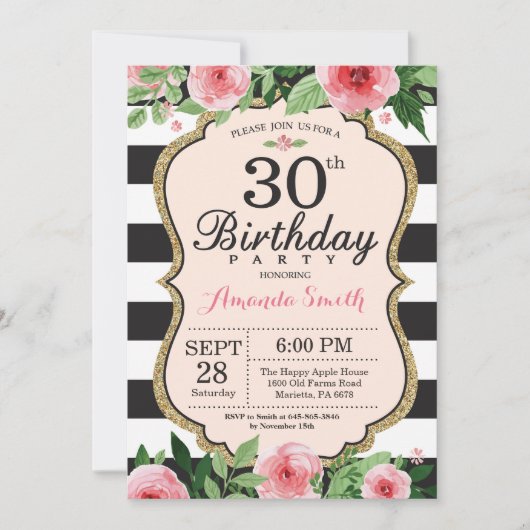 30e anniversaire Invitation Femmes. Or floral noir (Devant)