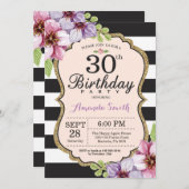 30e anniversaire Invitation Femmes. Or floral noir (Devant / Derrière)