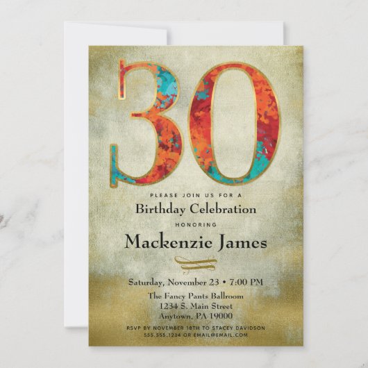30e anniversaire Invitation Gold Red Aqua Adulte (Devant)