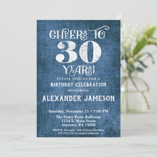 30e anniversaire Invitation Linge bleu Rustique Ch (Debout devant)