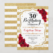 30e anniversaire Invitation or White Stripes Roses (Devant / Derrière)
