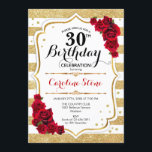 30e anniversaire Invitation or White Stripes Roses<br><div class="desc">30th Birthday Invitation Elégant design or blanc rouge avec fausse parties scintillant. Bandes d'or et de blanc aux roses rouges. Parfait pour une soirée d'anniversaire élégante.</div>