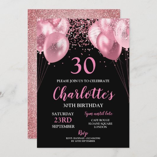 30e anniversaire Invitation rose néon noir (Devant / Derrière)