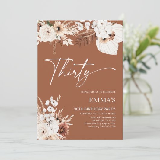 30e anniversaire Invitation Terracotta Boho Pampas (Debout devant)