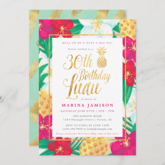 30e anniversaire Luau Invitations | Rose & Or (Devant / Derrière)