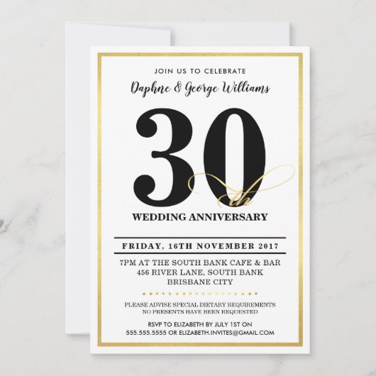 30E ANNIVERSAIRE MARIAGE INVITATIONS élégants en o (Devant)