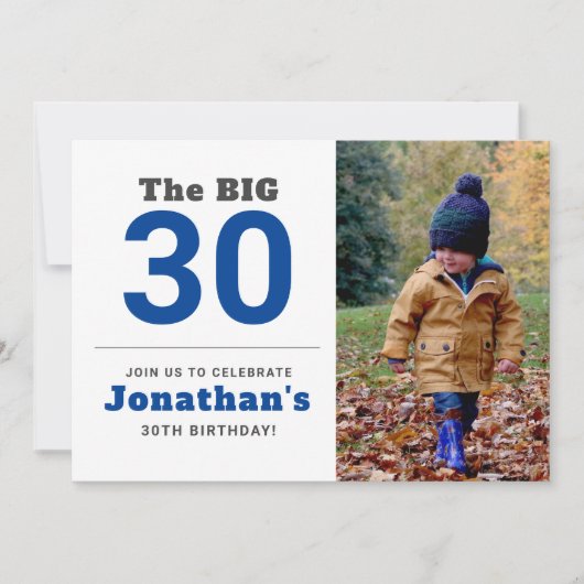30e anniversaire minimum Invitation photo bleue (Devant)