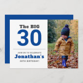 30e anniversaire minimum Invitation photo bleue (Devant / Derrière)