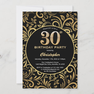 30e Birthday Black en Gold Floral Pattern Kaart