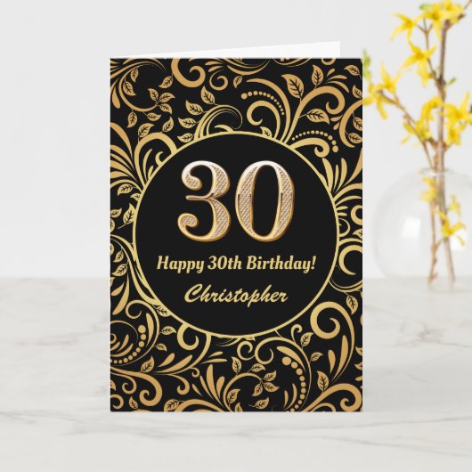 30e Birthday Black en Gold Floral Pattern Kaart (Gele Bloem)
