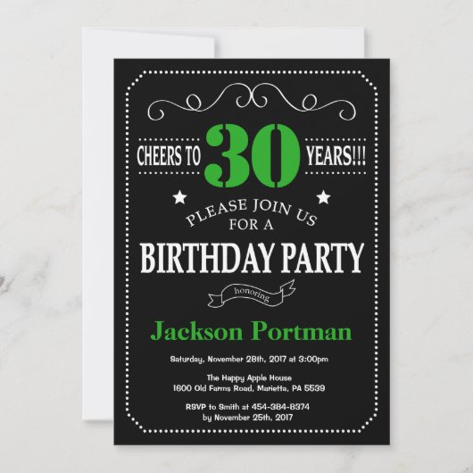 30e Birthday Black en Green Chalkboard Kaart (Voorkant)