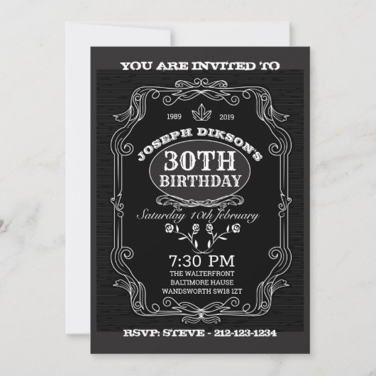 30e BIRTHDAY-INVITATIE, zwart & grijs Whisky-lab Kaart (Voorkant)