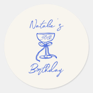 30e Blauwe Hand Getrokken Boog Champagne Glas Verj Ronde Sticker