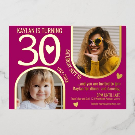 30e Bogen Verjaardag Roze Gouden Harten Landschap Folie Uitnodiging (Voorkant)