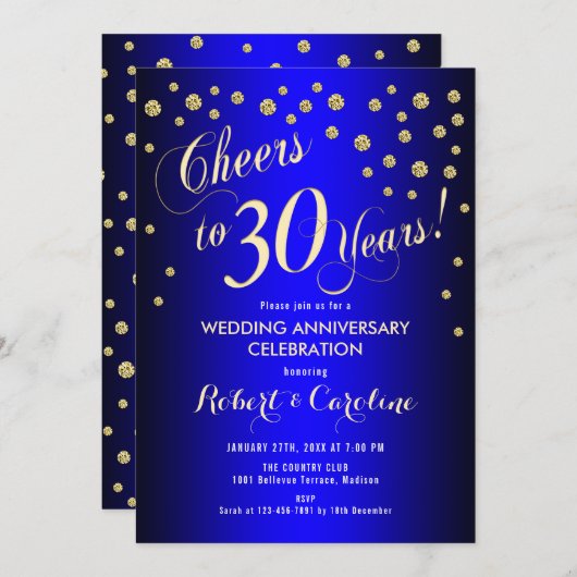 30e bruiloft Jubileum - Royal Blue & Gold Kaart (Voorkant / Achterkant)