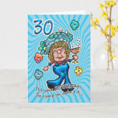 30e Carte Anniversaire - Fun Lady Avec Verre De Vi (Fleur jaune)