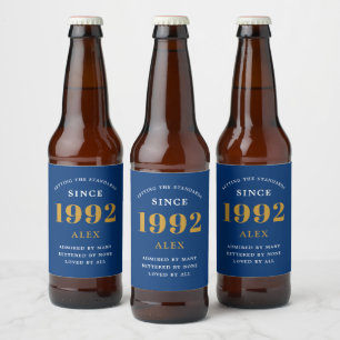 30e geboortedag 1992 Blue Gold Elegant Chic Bier Etiket
