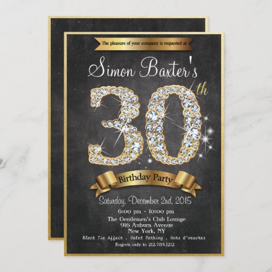30e Gold Diamond Chalkboard Invitation d'anniversa (Devant / Derrière)