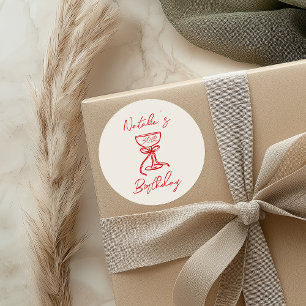 30e Hand Getrokken Roze Bow Champagne Glas Verjaar Ronde Sticker