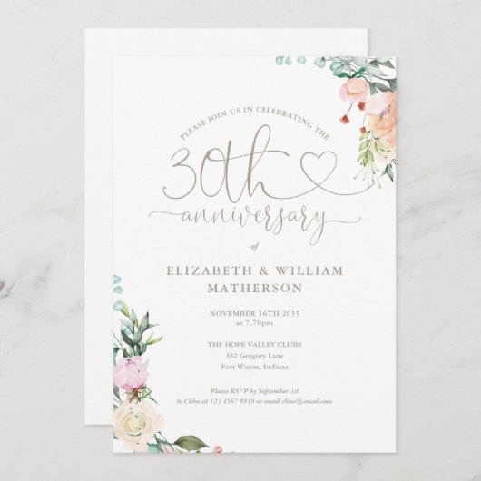 30e jubileum Hart Script Bloem Monogram Kaart (Voorkant / Achterkant)