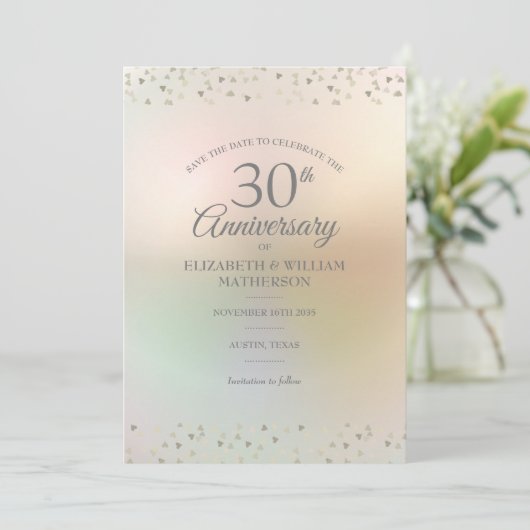 30e Parelbruiloft Jubileum Harten Confetti Save The Date (Staand voorkant)