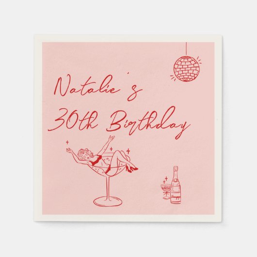 30e Retro Hand getekend Roze Rood Dertig Fun Verja Servet (Voorkant)