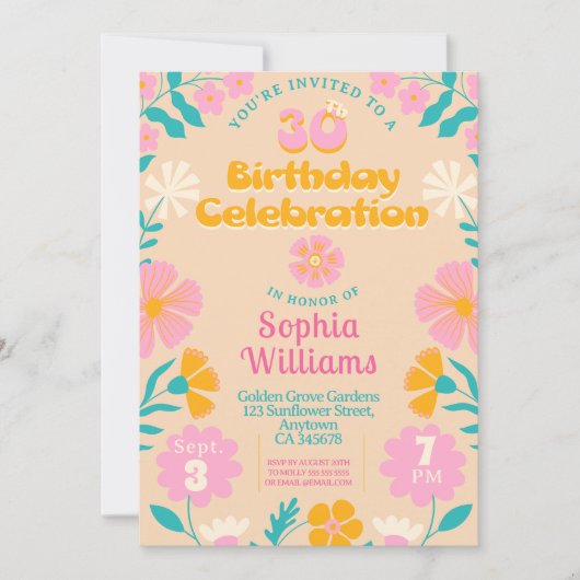 30e Retro Perzik Bloemen Verjaardag Uitnodiging (Voorkant)