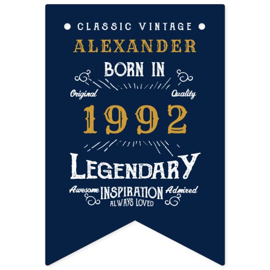 30e verjaardag 1992 Blue Gold Add Name Retro Vlaggetjes (Eerste vlag)