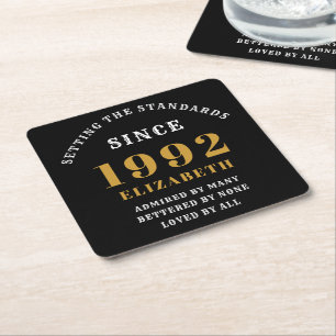 30e verjaardag 1992 Elegant Black Gold Chic Vierkante Kartonnen Onderzetter