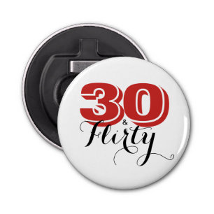 30e verjaardag 30 & FLIRTY Modern Rood en Zwart Button Flesopener
