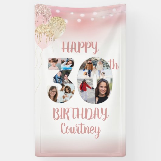 30e Verjaardag 8 Fotocollage Nummers Roos Goud Spandoek (Verticaal)