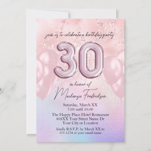 30e verjaardag ballonnen op holografisch en roze kaart (Voorkant)