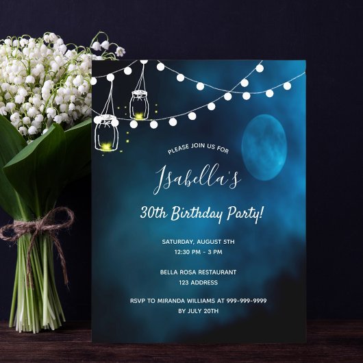 30e verjaardag blauw-maanlicht op feestdag uitnodiging briefkaart
