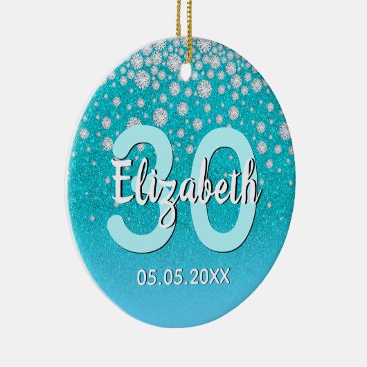 30e verjaardag blauwgroen blauwe groene glitterdia keramisch ornament (Rechts)