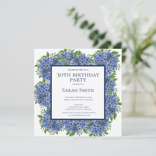30e verjaardag Blue Hydrangeas Waterverf Party Inv Kaart (Staand voorkant)