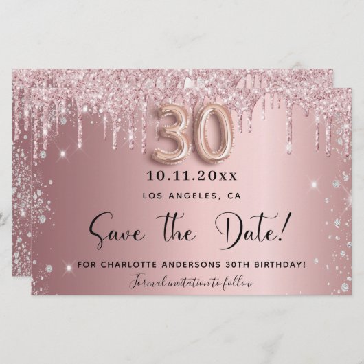 30e verjaardag blush glitter save the date kaart (Voorkant / Achterkant)