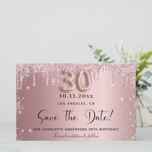 30e verjaardag blush glitter save the date kaart (Staand voorkant)